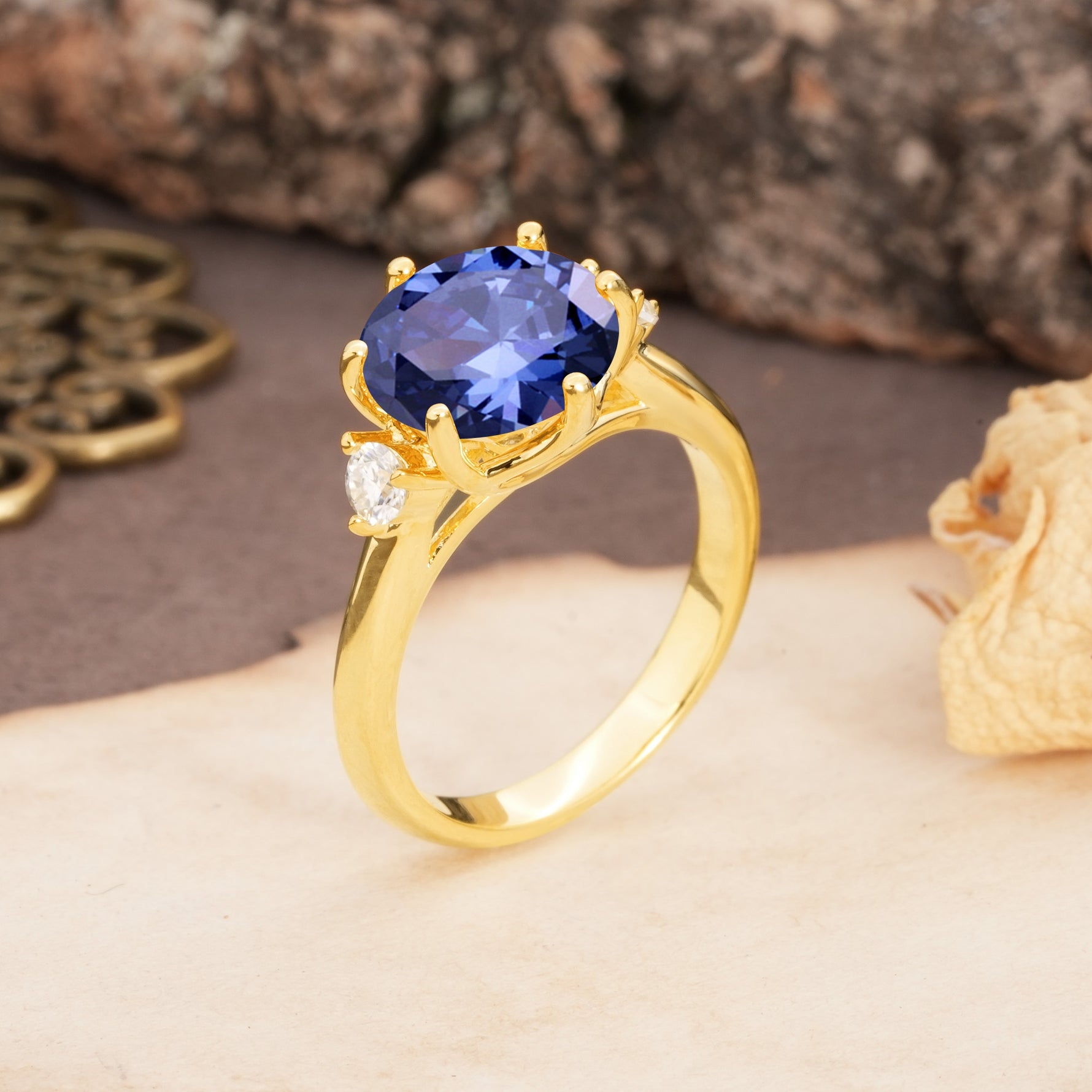 Unique and Minimalist 6-Prong Round Cut Tanzanite Three Stones Engagement Ring - Additional view