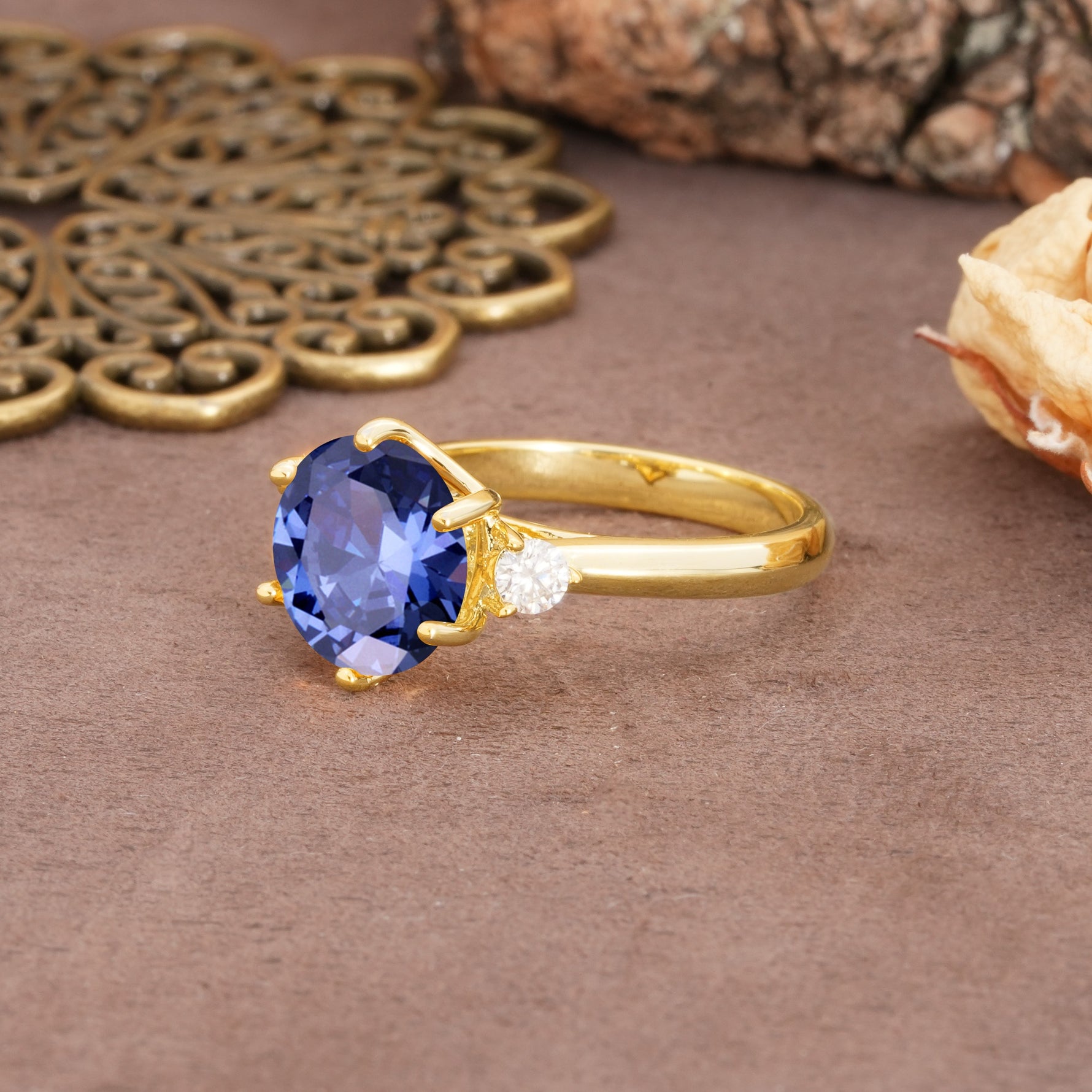 Unique and Minimalist 6-Prong Round Cut Tanzanite Three Stones Engagement Ring - Additional view