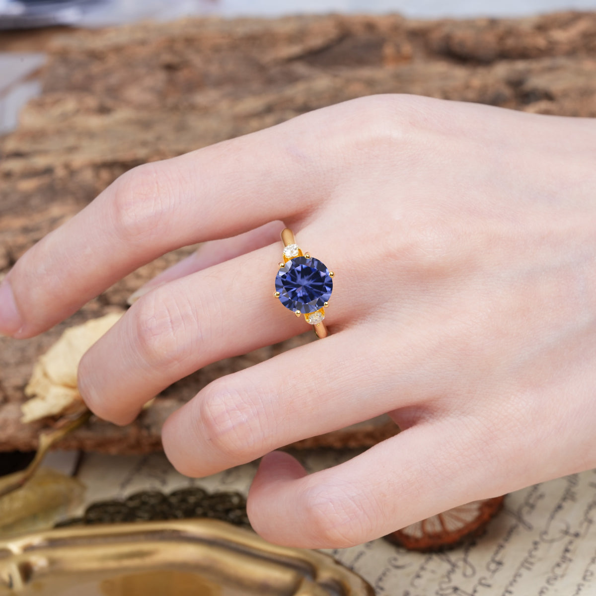 Unique and Minimalist 6-Prong Round Cut Tanzanite Three Stones Engagement Ring - Additional view