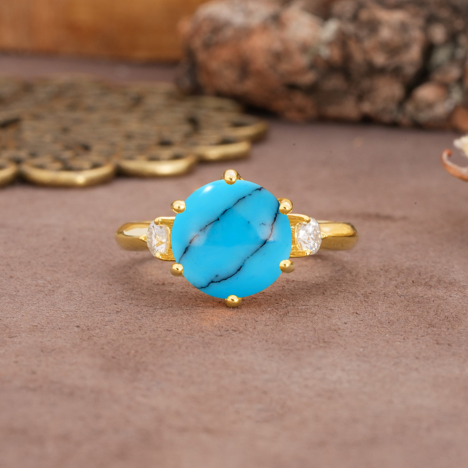 Unique and Minimalist 6-Prong Round Cut Turquoise Three Stones Engagement Ring - Additional view