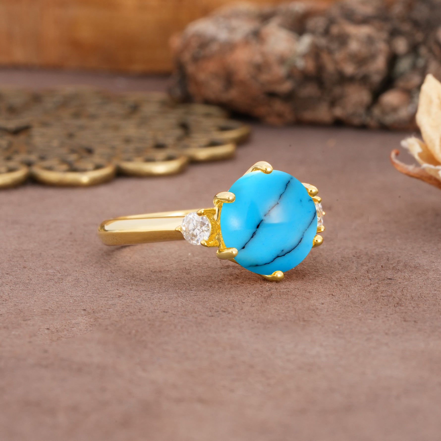 Unique and Minimalist 6-Prong Round Cut Turquoise Three Stones Engagement Ring - Additional view