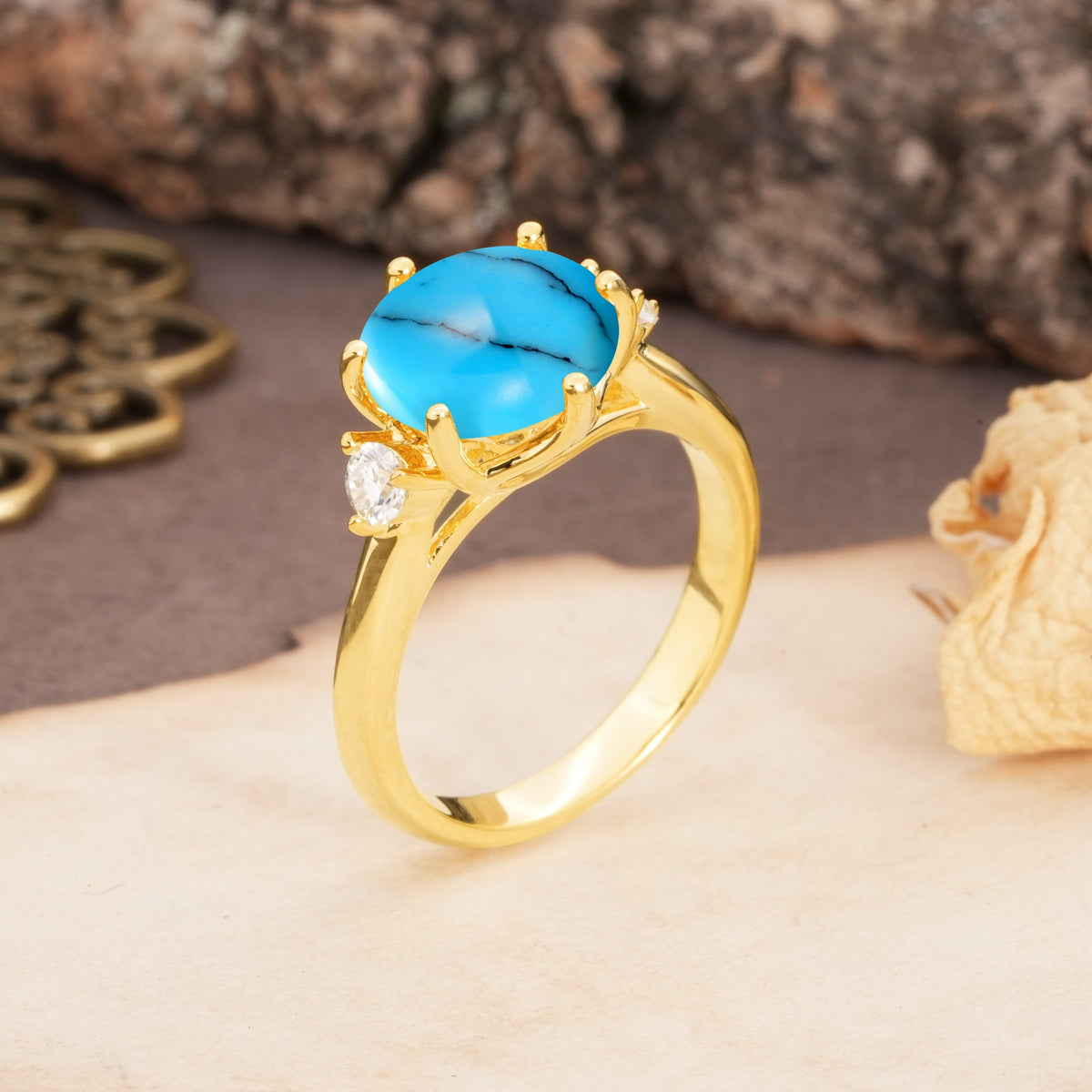 Unique and Minimalist 6-Prong Round Cut Turquoise Three Stones Engagement Ring - Additional view