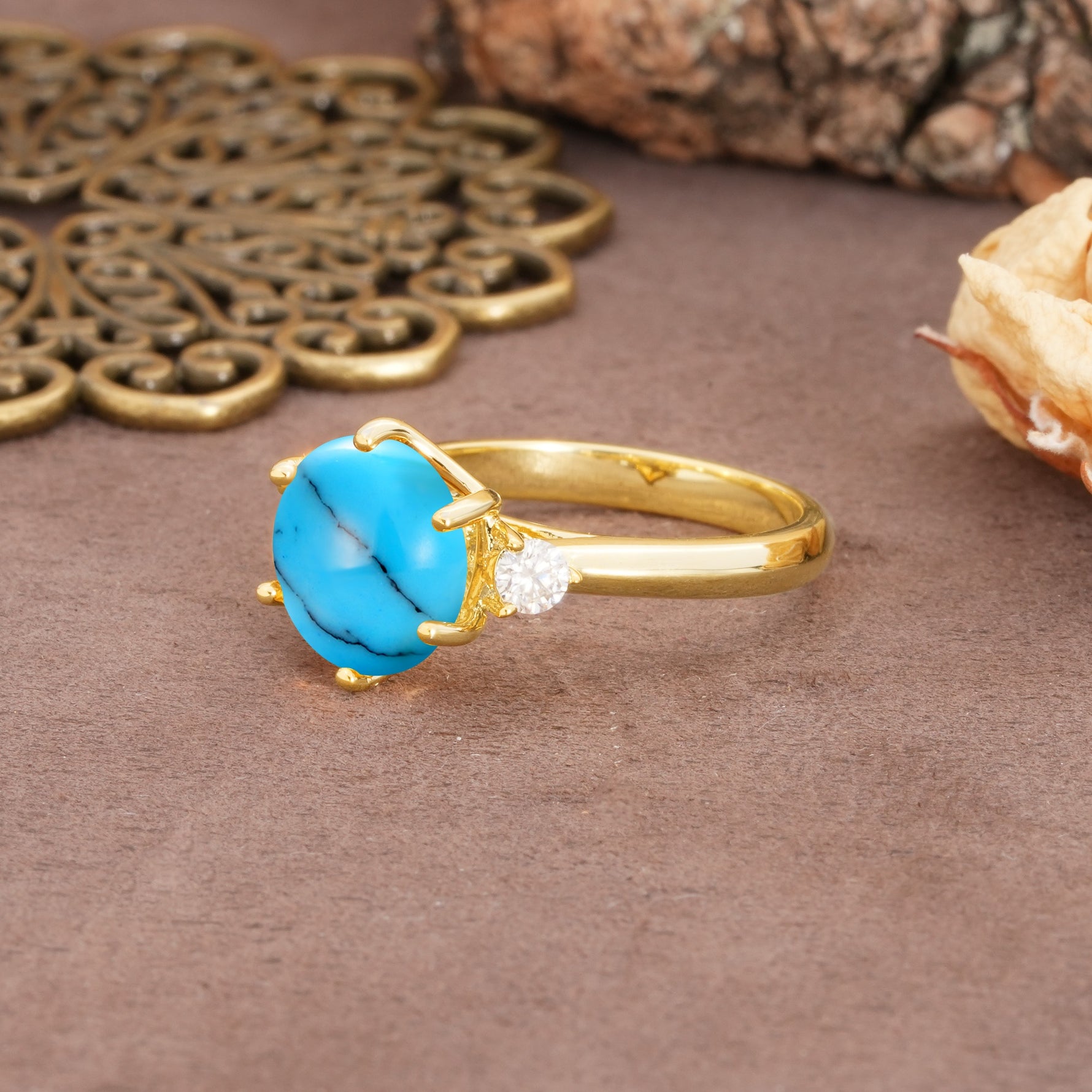 Unique and Minimalist 6-Prong Round Cut Turquoise Three Stones Engagement Ring - Additional view