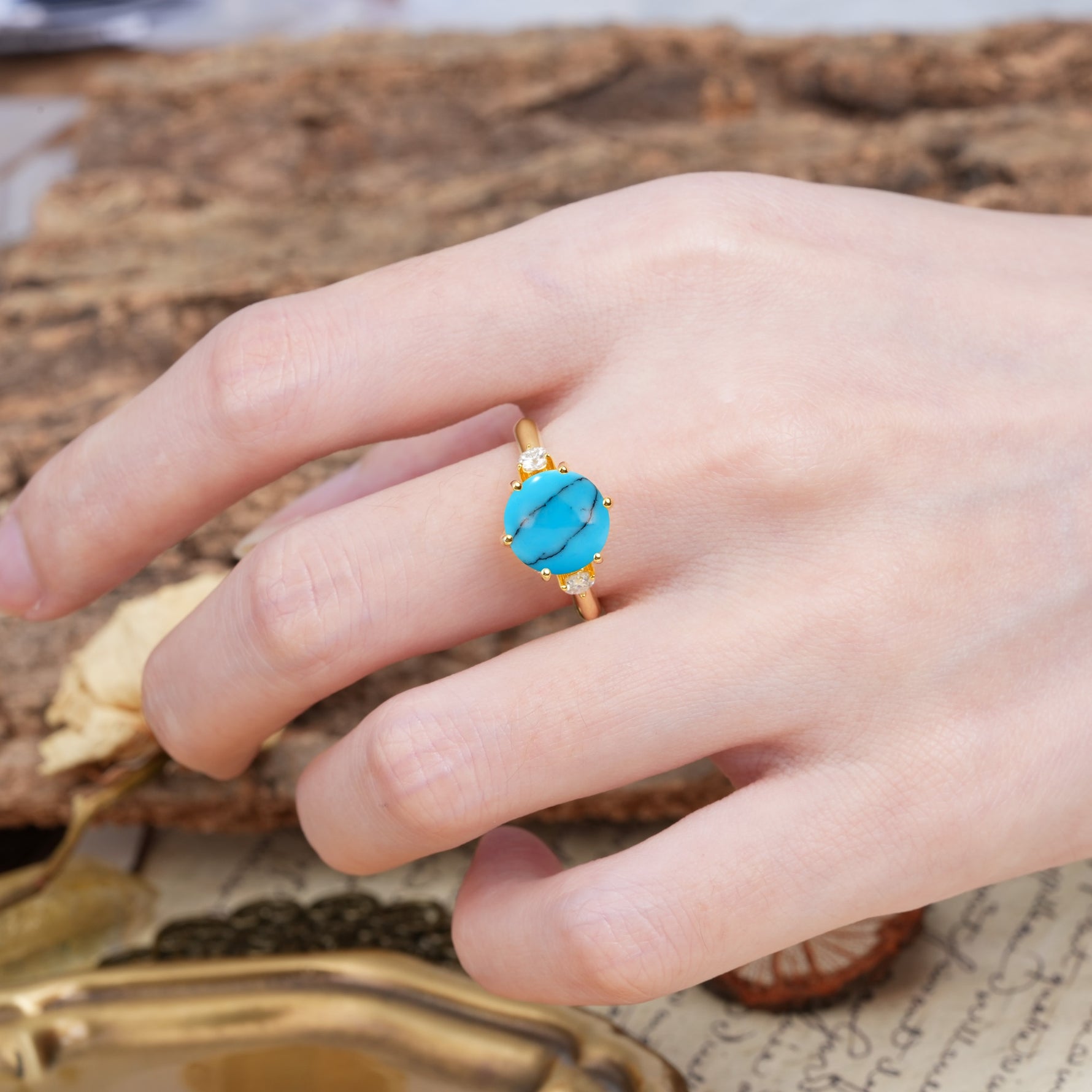 Unique and Minimalist 6-Prong Round Cut Turquoise Three Stones Engagement Ring - Additional view