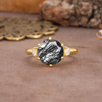 Unique and Minimalist 6-Prong Round Cut Black Rutilated Quartz Three Stones Engagement Ring - Additional view
