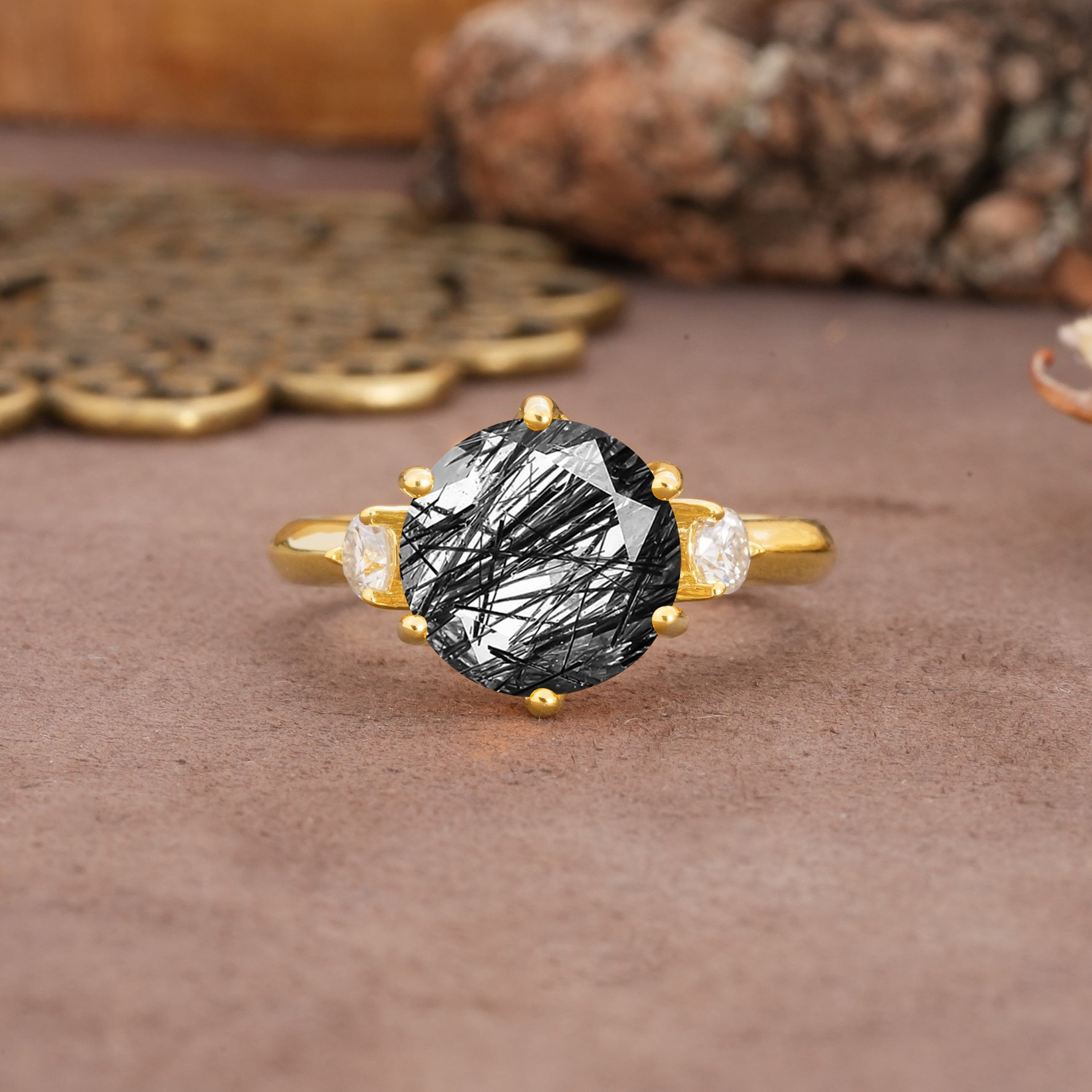 Unique and Minimalist 6-Prong Round Cut Black Rutilated Quartz Three Stones Engagement Ring - Additional view