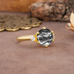 Unique and Minimalist 6-Prong Round Cut Black Rutilated Quartz Three Stones Engagement Ring - Additional view