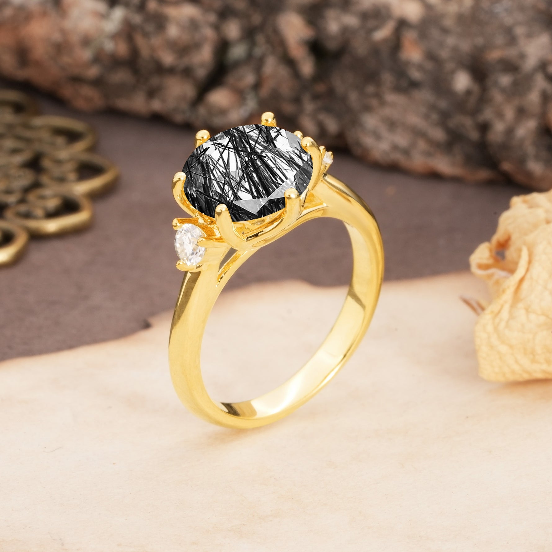 Unique and Minimalist 6-Prong Round Cut Black Rutilated Quartz Three Stones Engagement Ring - Additional view