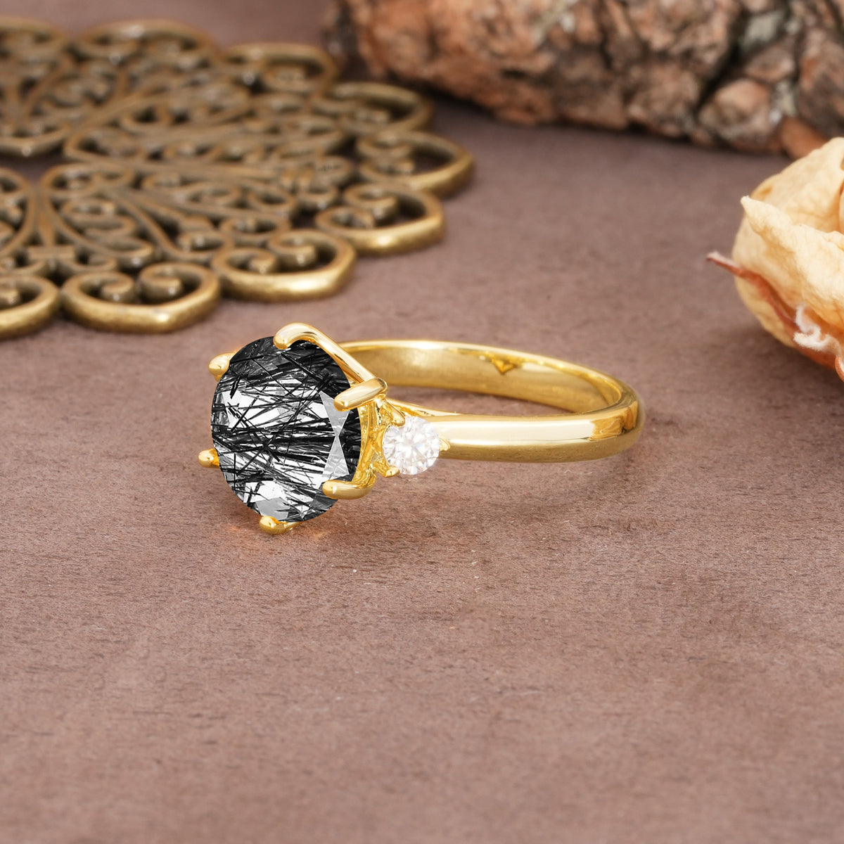 Unique and Minimalist 6-Prong Round Cut Black Rutilated Quartz Three Stones Engagement Ring - Additional view