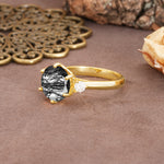 Unique and Minimalist 6-Prong Round Cut Black Rutilated Quartz Three Stones Engagement Ring - Additional view