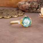 Unique and Minimalist 6-Prong Round Cut Moss Agate Three Stones Engagement Ring - Additional view