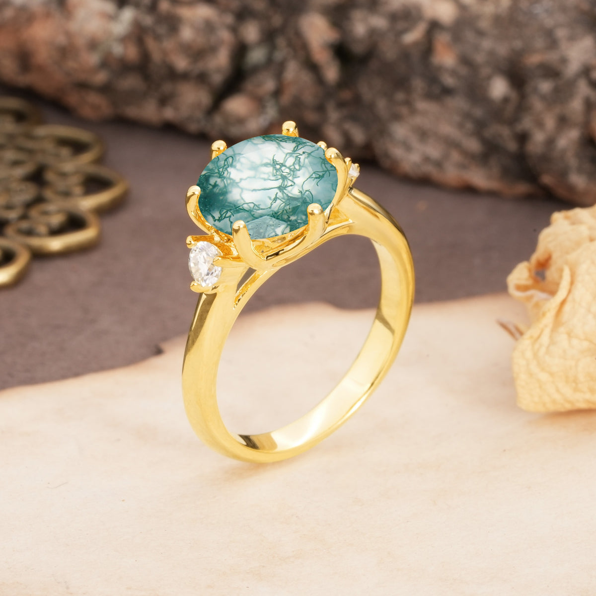 Unique and Minimalist 6-Prong Round Cut Moss Agate Three Stones Engagement Ring - Additional view