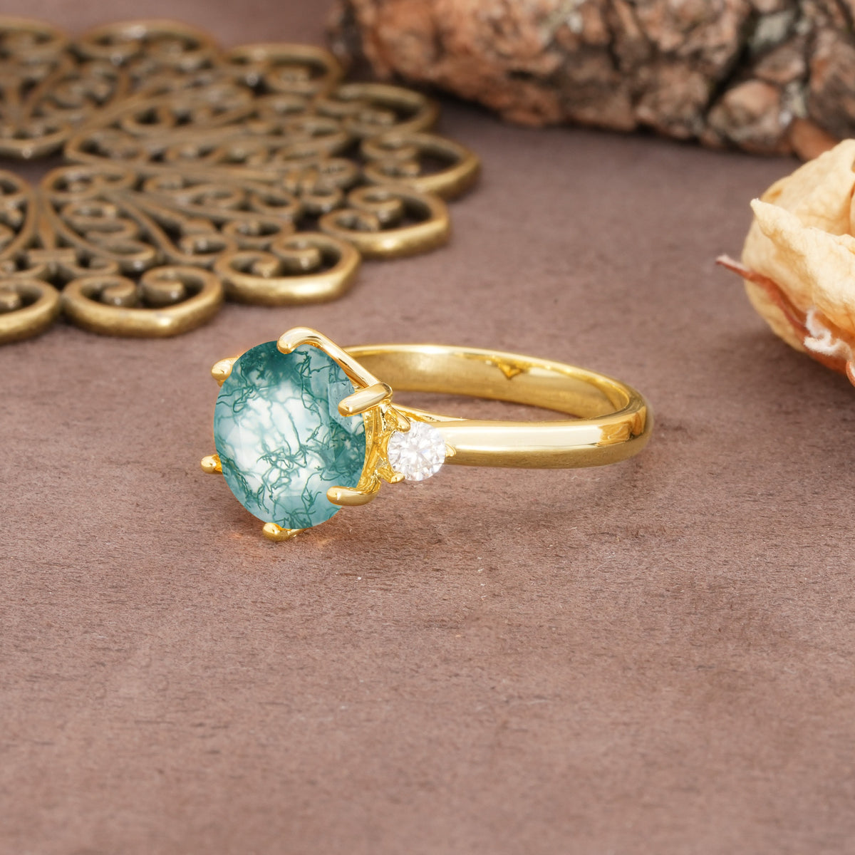 Unique and Minimalist 6-Prong Round Cut Moss Agate Three Stones Engagement Ring - Additional view
