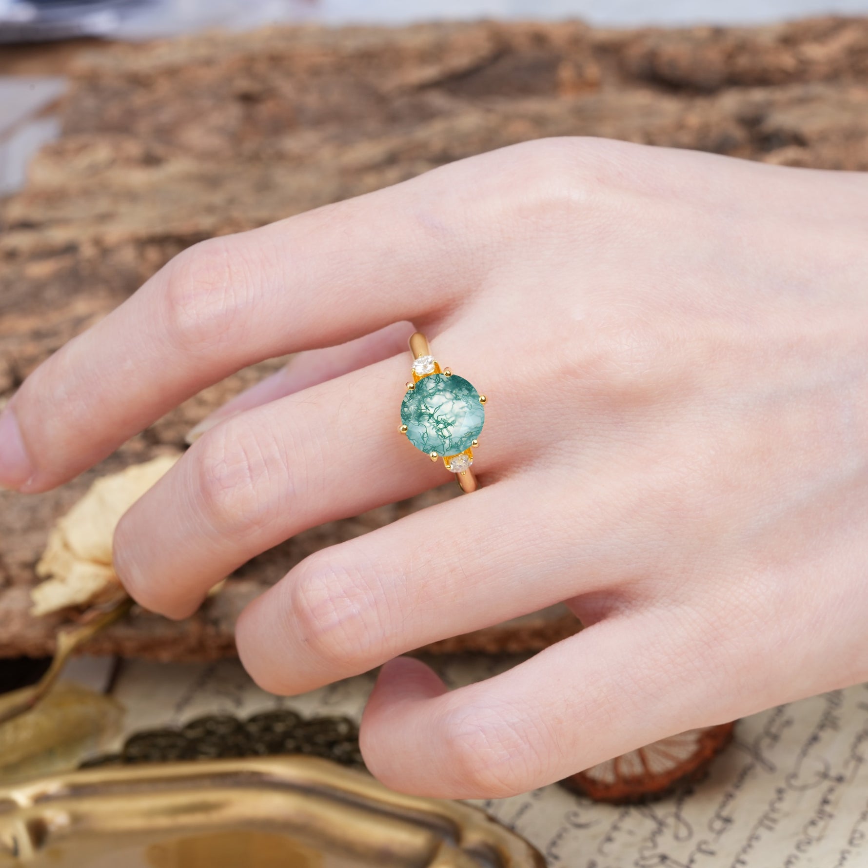 Unique and Minimalist 6-Prong Round Cut Moss Agate Three Stones Engagement Ring - Additional view
