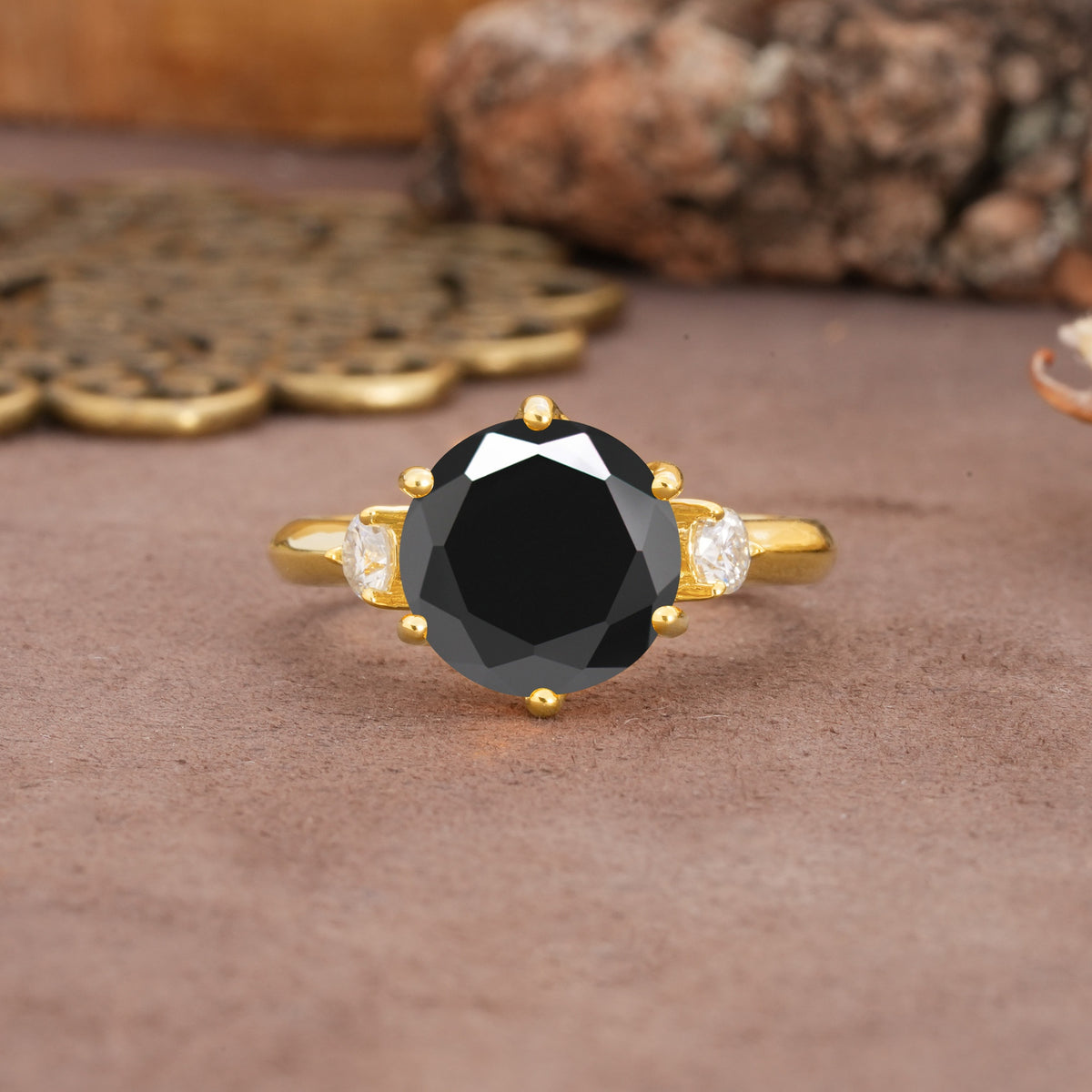 Unique and Minimalist 6-Prong Round Cut Black Onyx Three Stones Engagement Ring - Additional view