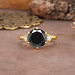 Unique and Minimalist 6-Prong Round Cut Black Onyx Three Stones Engagement Ring - Additional view