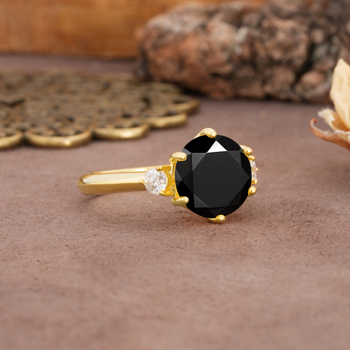 Unique and Minimalist 6-Prong Round Cut Black Onyx Three Stones Engagement Ring - Additional view