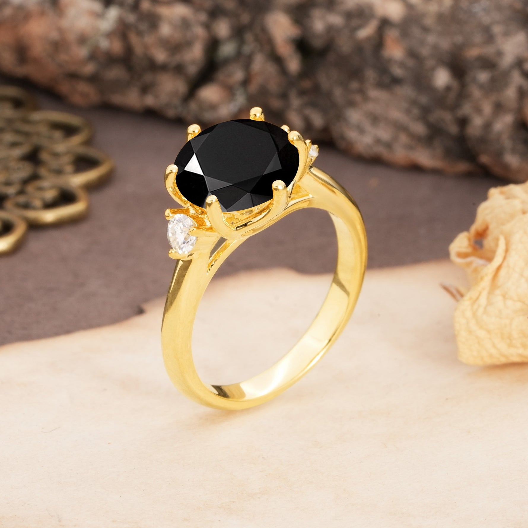 Unique and Minimalist 6-Prong Round Cut Black Onyx Three Stones Engagement Ring - Additional view