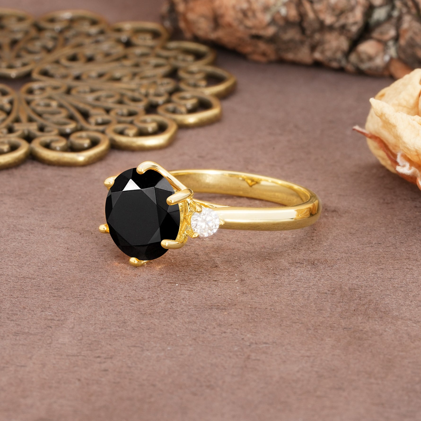 Unique and Minimalist 6-Prong Round Cut Black Onyx Three Stones Engagement Ring - Additional view