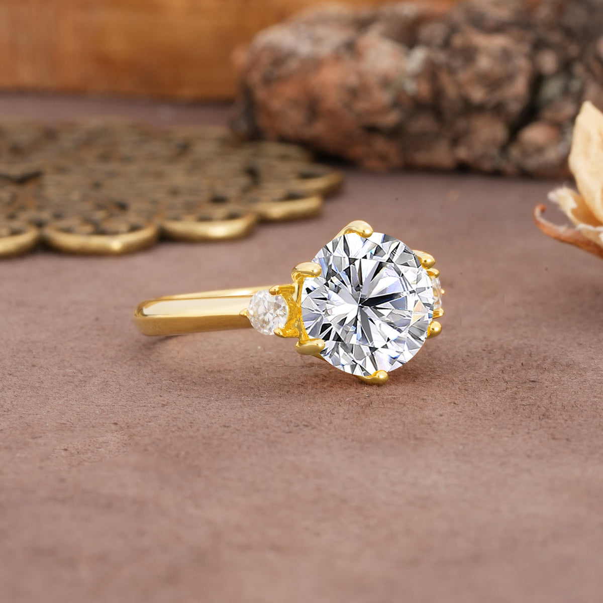 Unique and Minimalist 6-Prong Round Cut Lab Diamond Three Stones Engagement Ring - Additional view