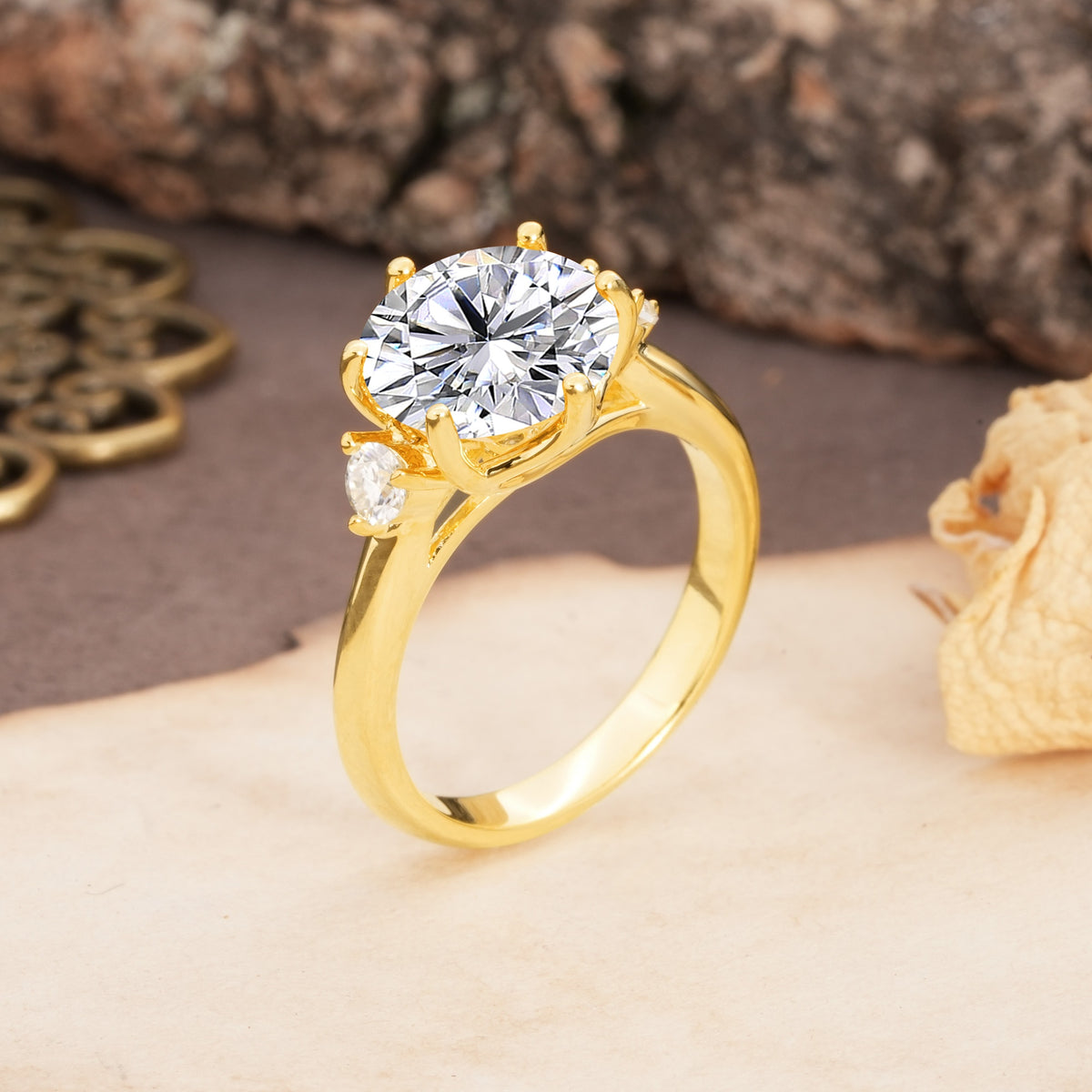 Unique and Minimalist 6-Prong Round Cut Lab Diamond Three Stones Engagement Ring - Additional view