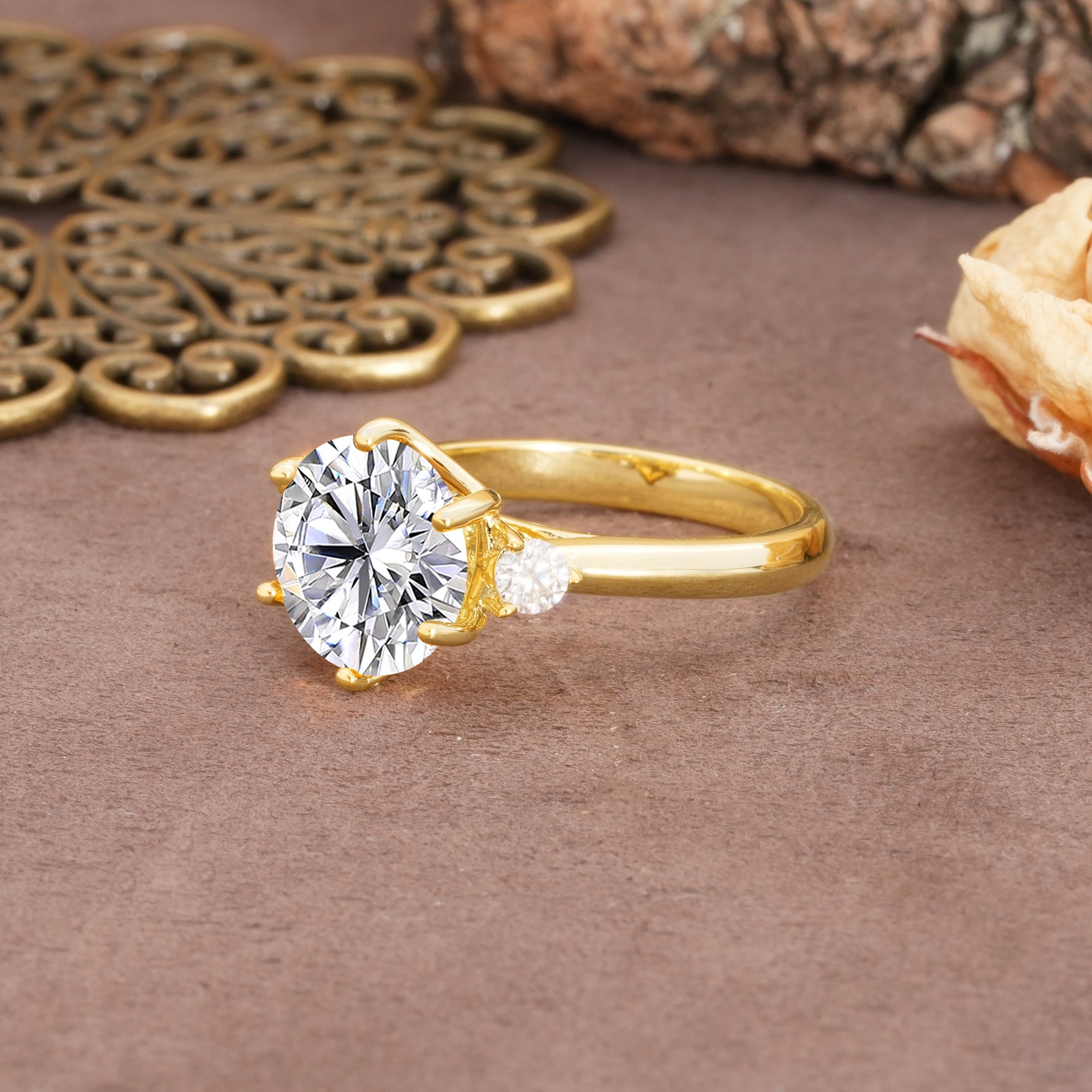 Unique and Minimalist 6-Prong Round Cut Lab Diamond Three Stones Engagement Ring - Additional view