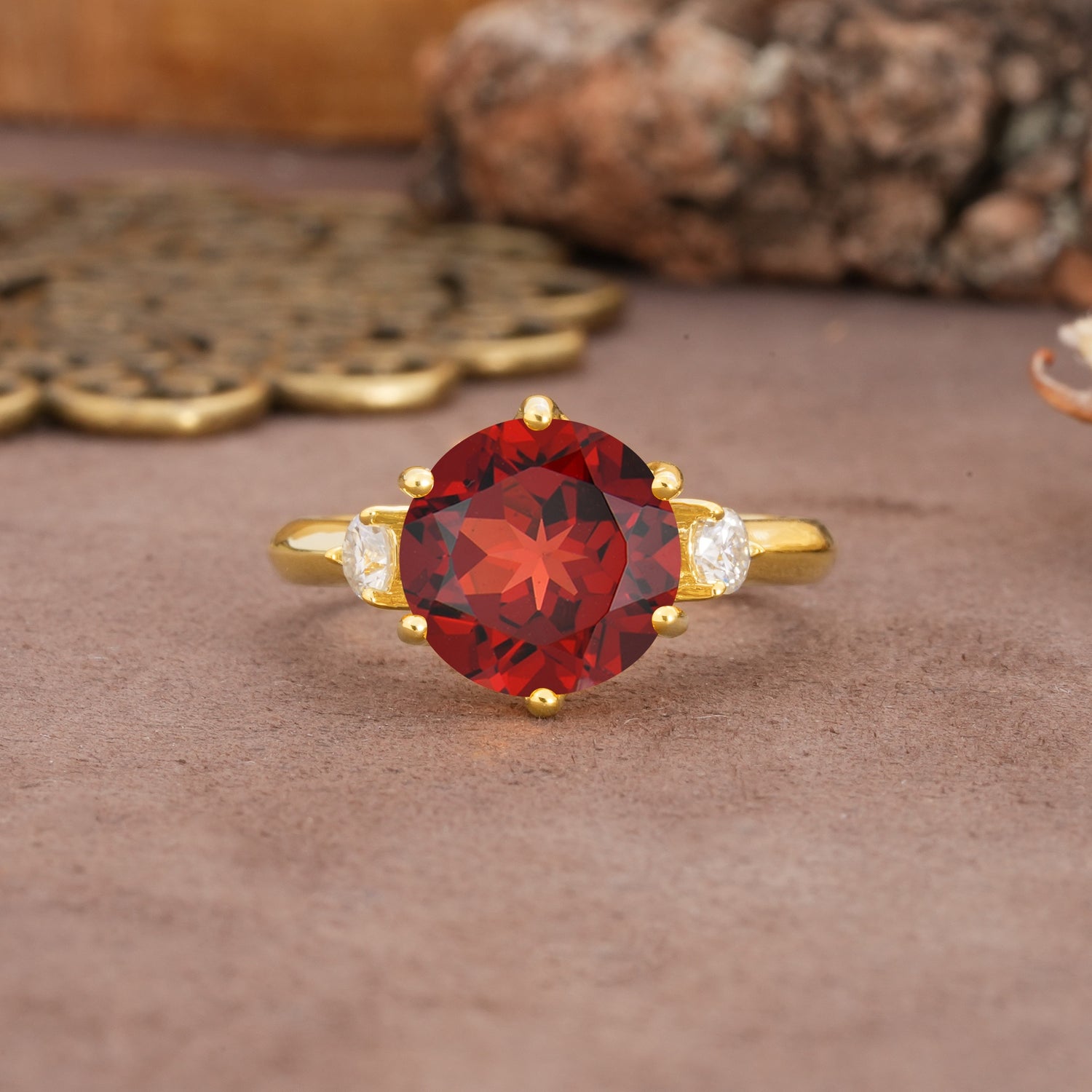 Unique and Minimalist 6-Prong Round Cut Garnet Three Stones Engagement Ring - Additional view