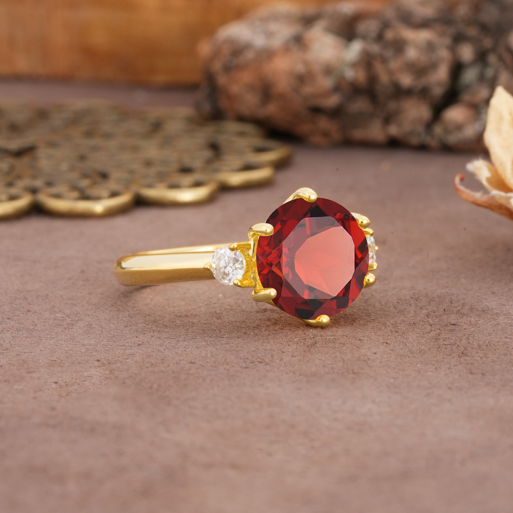Unique and Minimalist 6-Prong Round Cut Garnet Three Stones Engagement Ring - Additional view