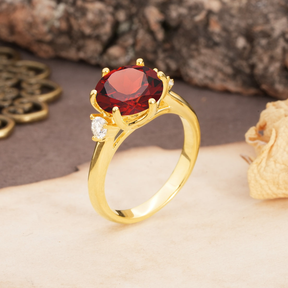 Unique and Minimalist 6-Prong Round Cut Garnet Three Stones Engagement Ring - Additional view