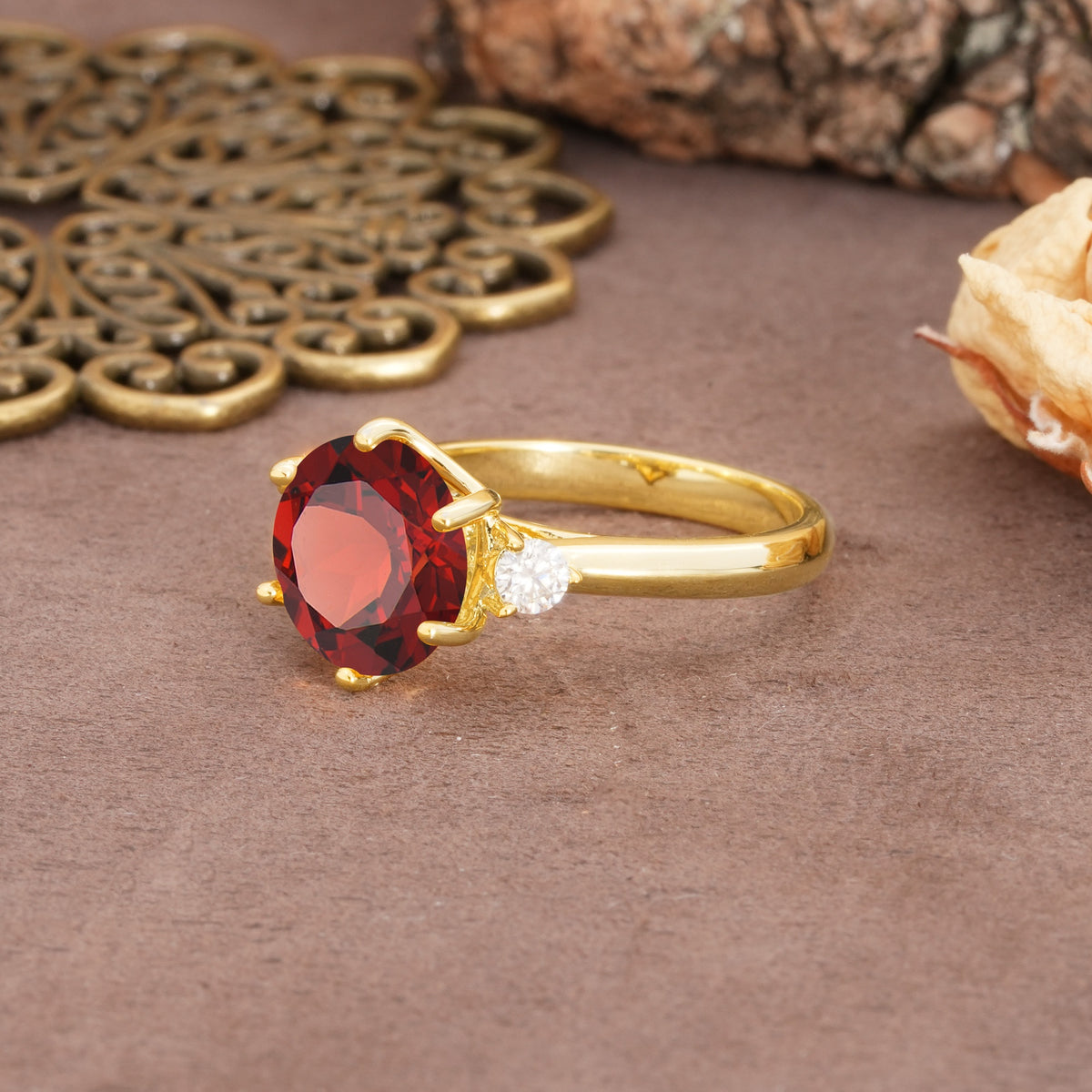 Unique and Minimalist 6-Prong Round Cut Garnet Three Stones Engagement Ring - Additional view