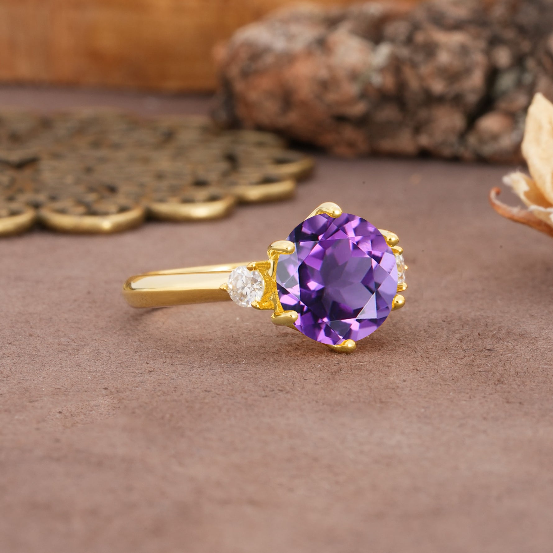 Unique and Minimalist 6-Prong Round Cut Amethyst Three Stones Engagement Ring - Additional view