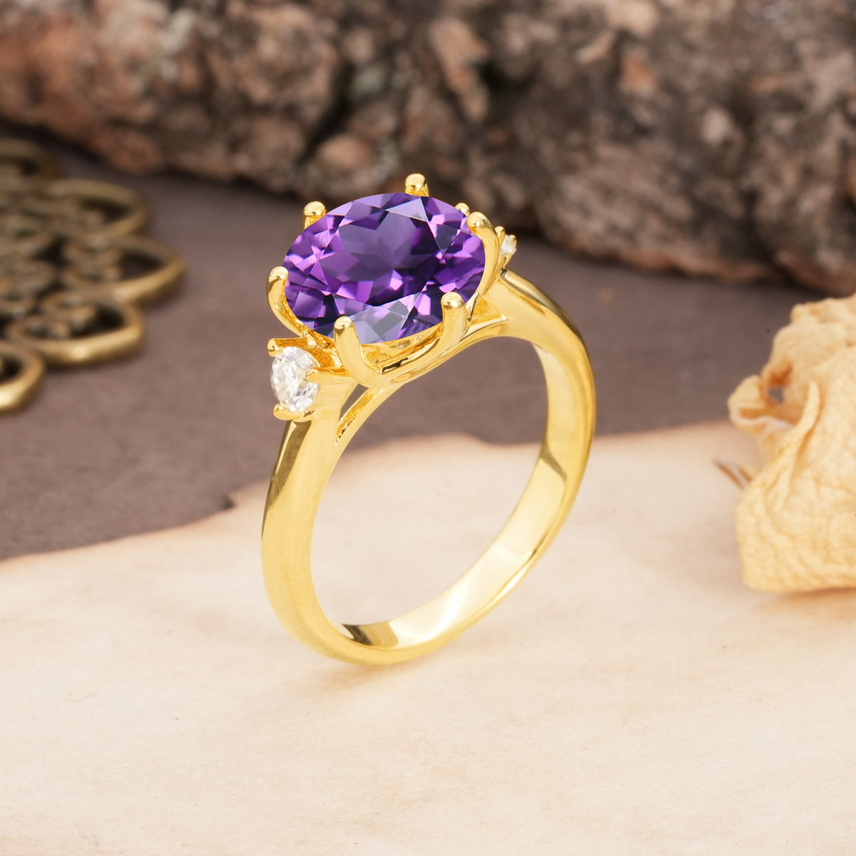 Unique and Minimalist 6-Prong Round Cut Amethyst Three Stones Engagement Ring - Additional view
