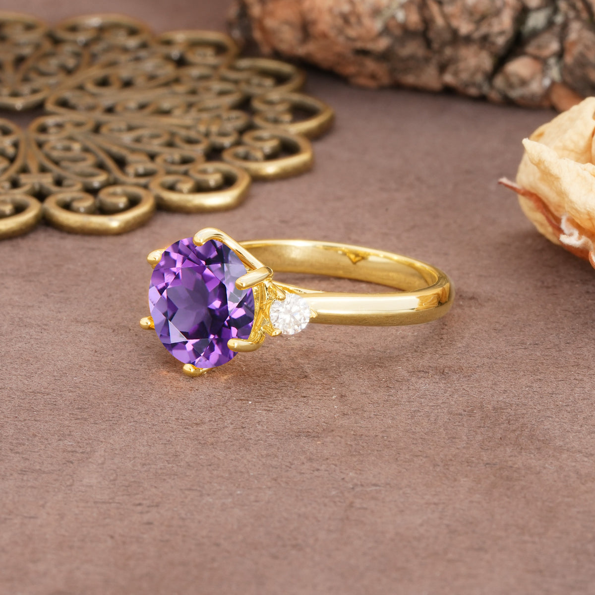 Unique and Minimalist 6-Prong Round Cut Amethyst Three Stones Engagement Ring - Additional view