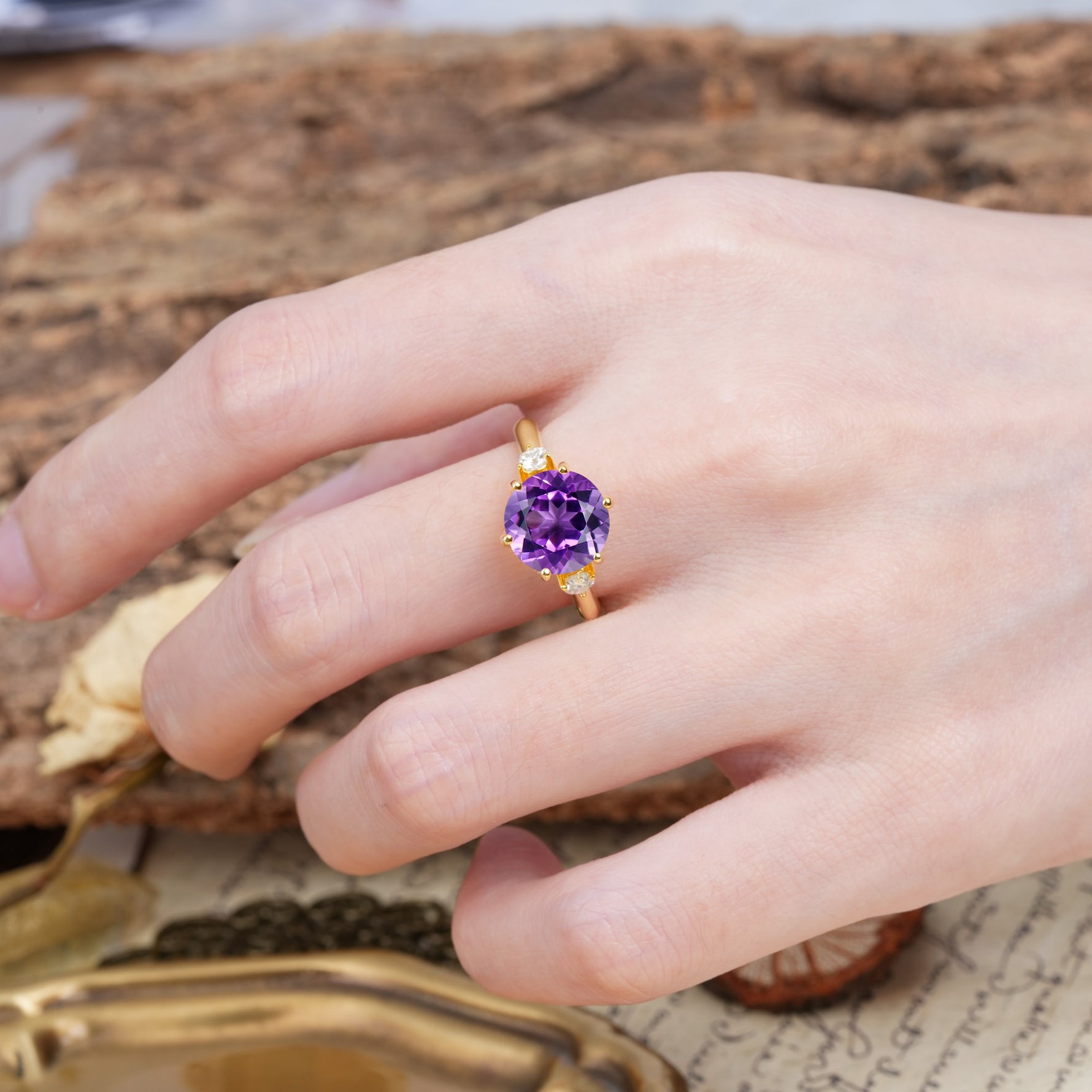 Unique and Minimalist 6-Prong Round Cut Amethyst Three Stones Engagement Ring - Additional view