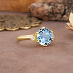 Unique and Minimalist 6-Prong Round Cut Aquamarine Three Stones Engagement Ring - Additional view