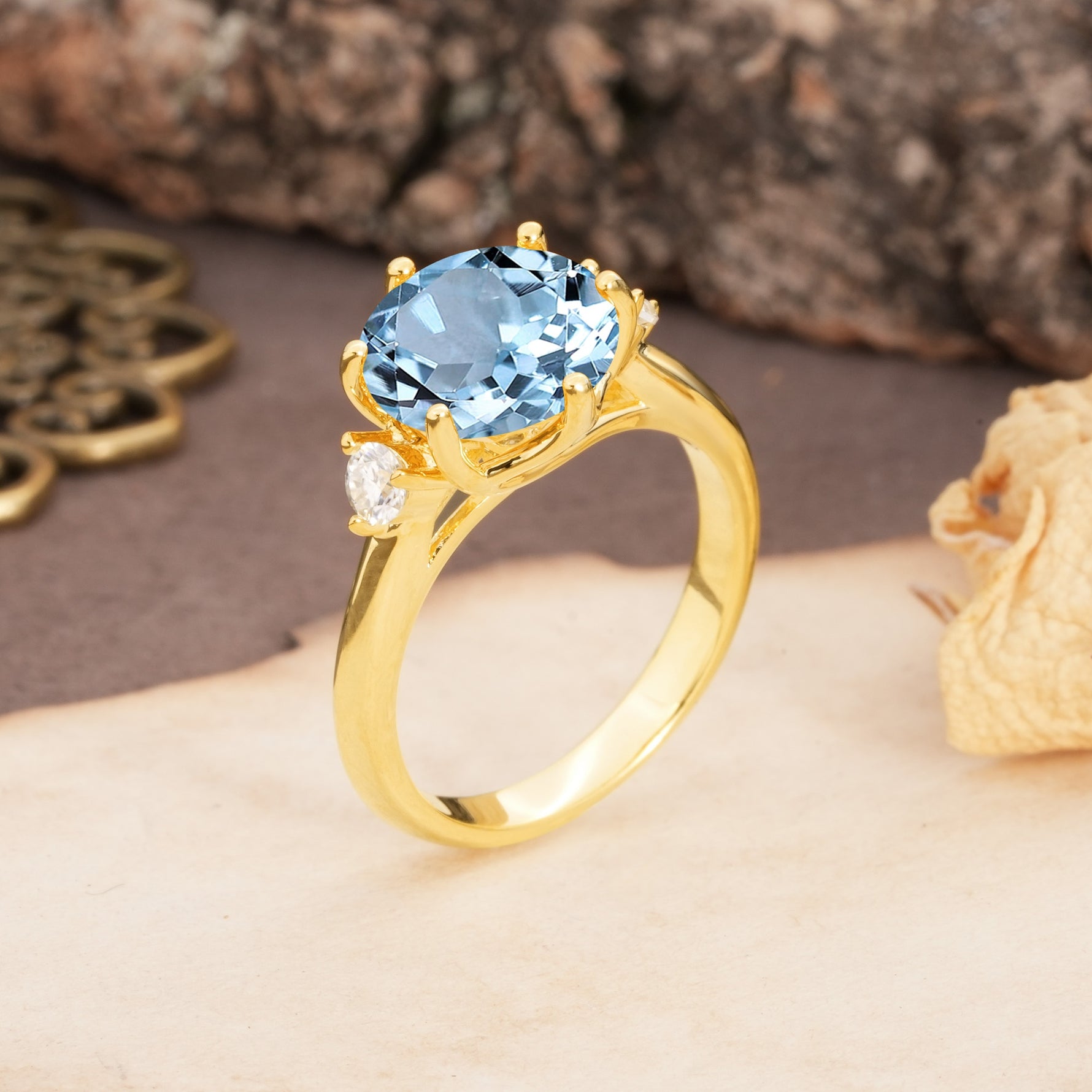 Unique and Minimalist 6-Prong Round Cut Aquamarine Three Stones Engagement Ring - Additional view