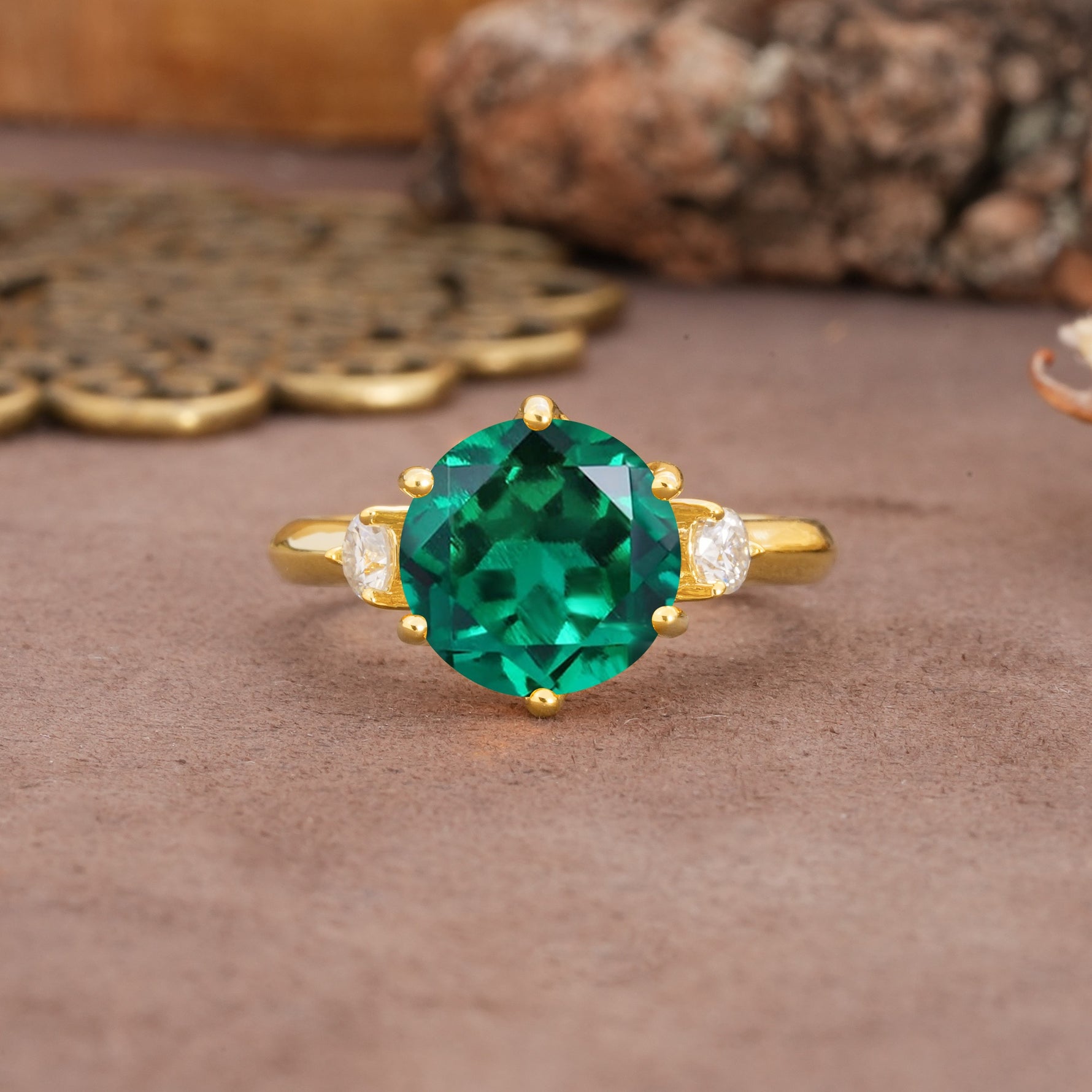 Unique and Minimalist 6-Prong Round Cut Emerald Three Stones Engagement Ring - Additional view
