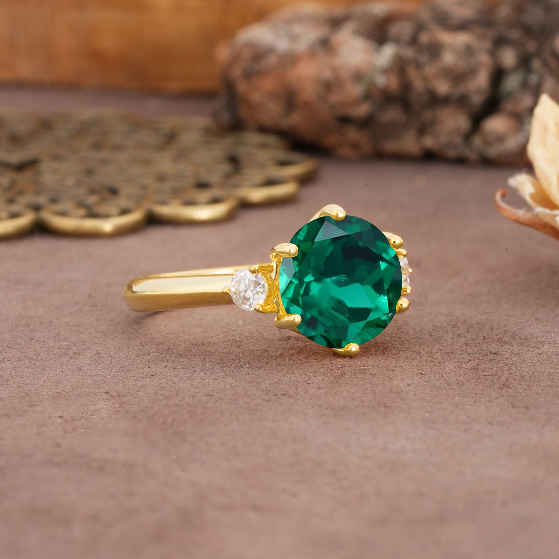 Unique and Minimalist 6-Prong Round Cut Emerald Three Stones Engagement Ring - Additional view