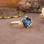 Unique and Minimalist 6-Prong Round Cut Alexandrite Three Stones Engagement Ring - Additional view