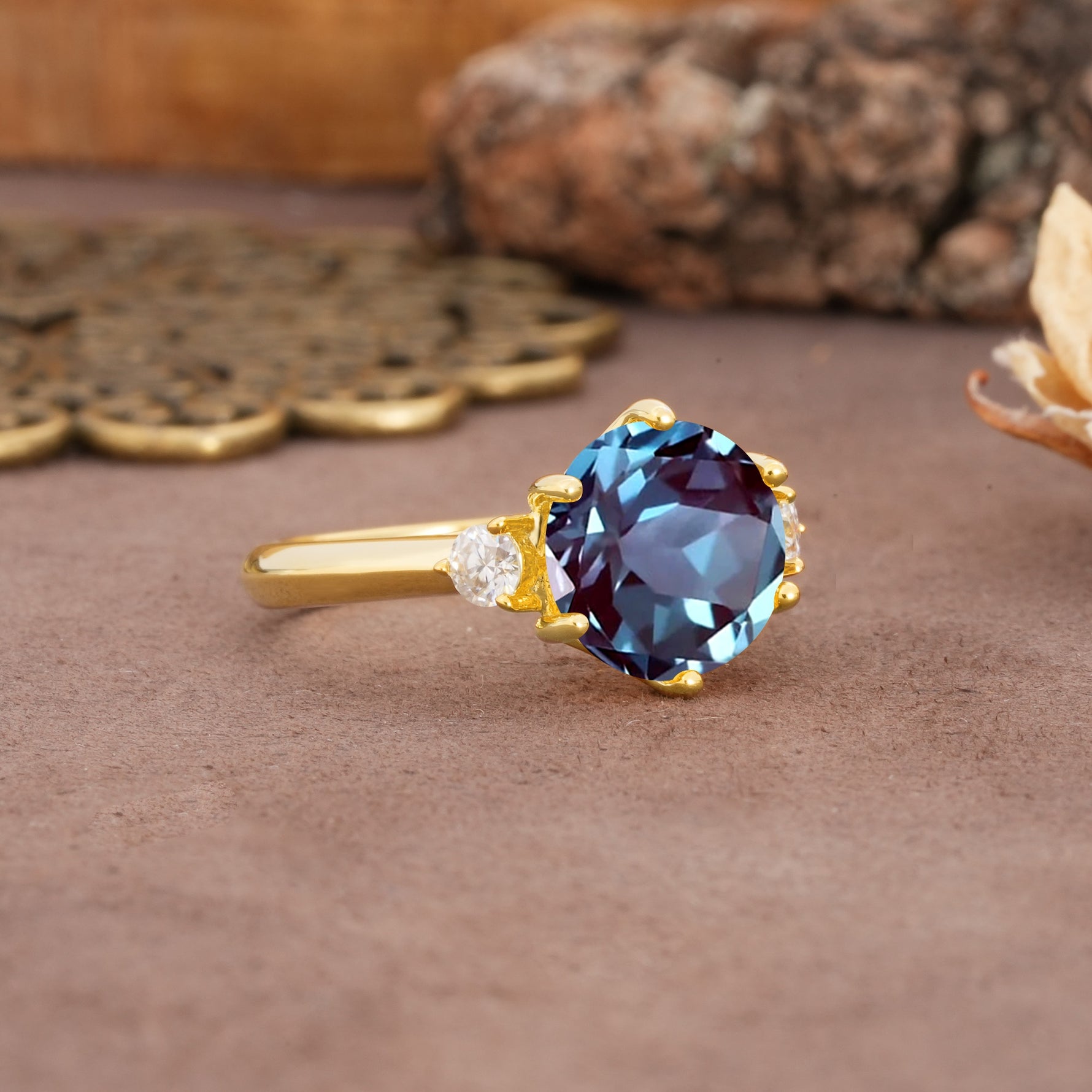 Unique and Minimalist 6-Prong Round Cut Alexandrite Three Stones Engagement Ring - Additional view