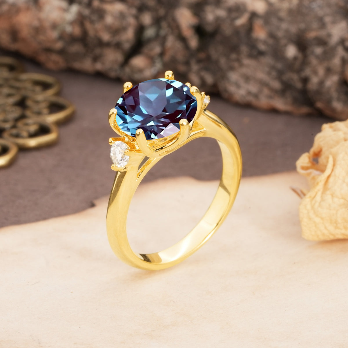 Unique and Minimalist 6-Prong Round Cut Alexandrite Three Stones Engagement Ring - Additional view