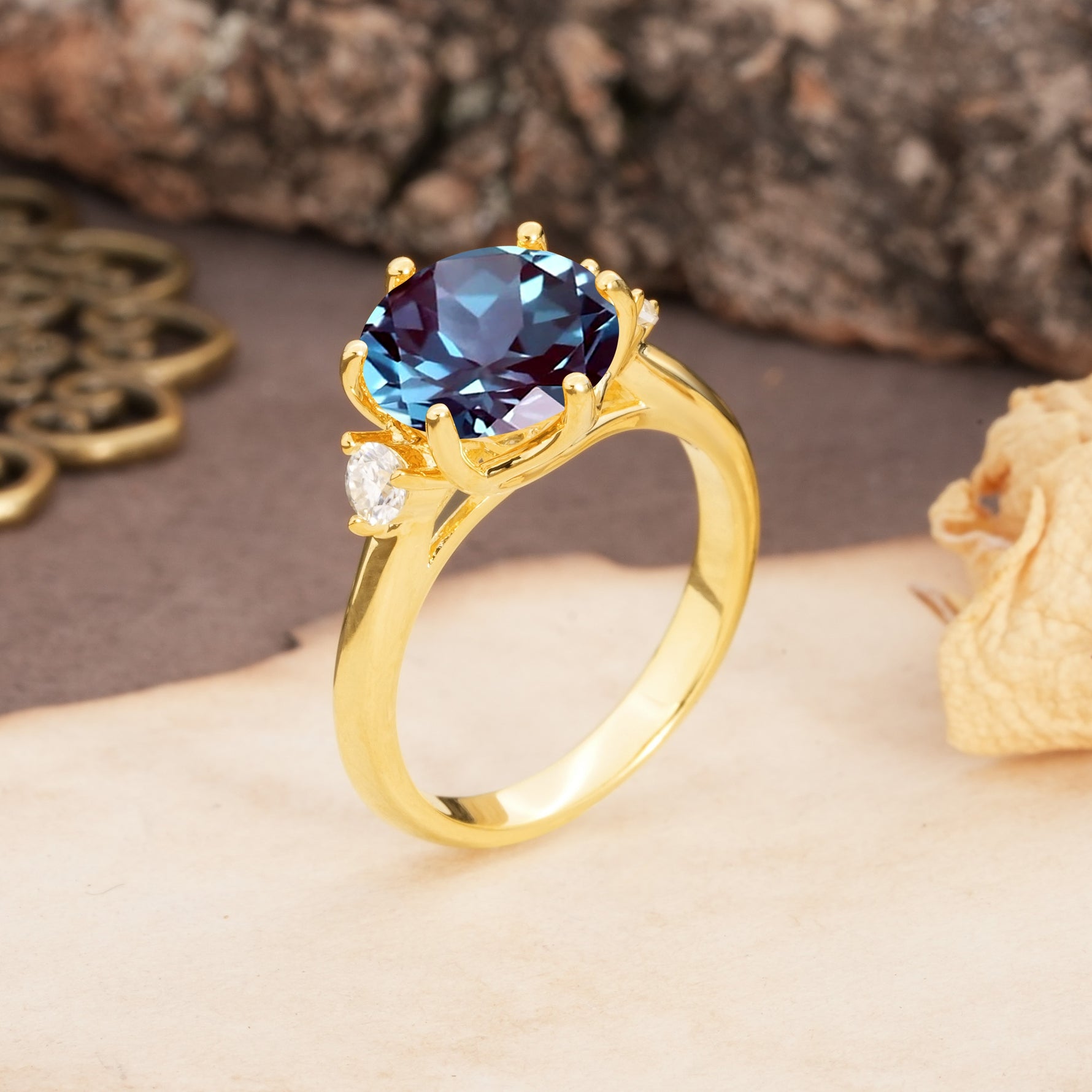 Unique and Minimalist 6-Prong Round Cut Alexandrite Three Stones Engagement Ring - Additional view