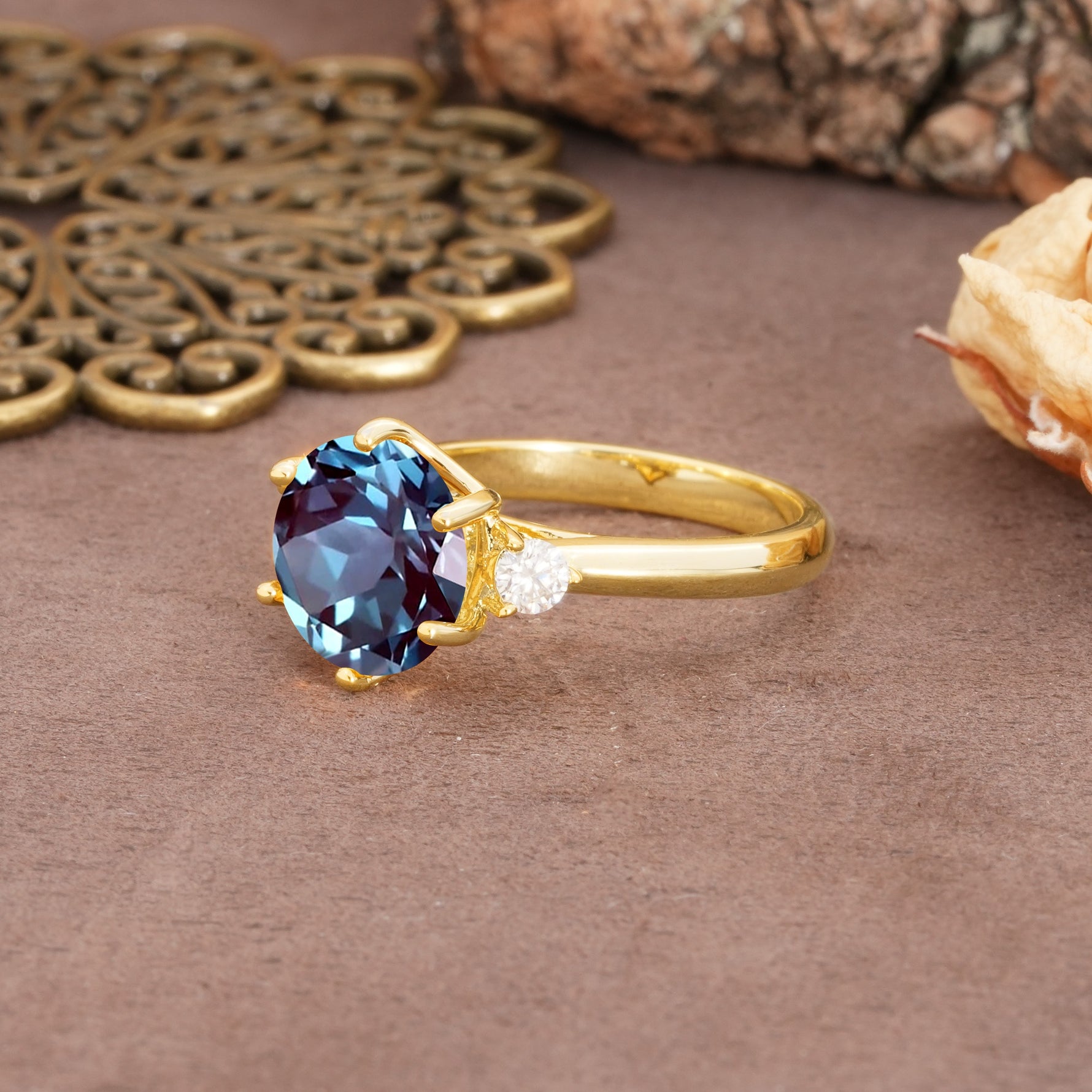 Unique and Minimalist 6-Prong Round Cut Alexandrite Three Stones Engagement Ring - Additional view