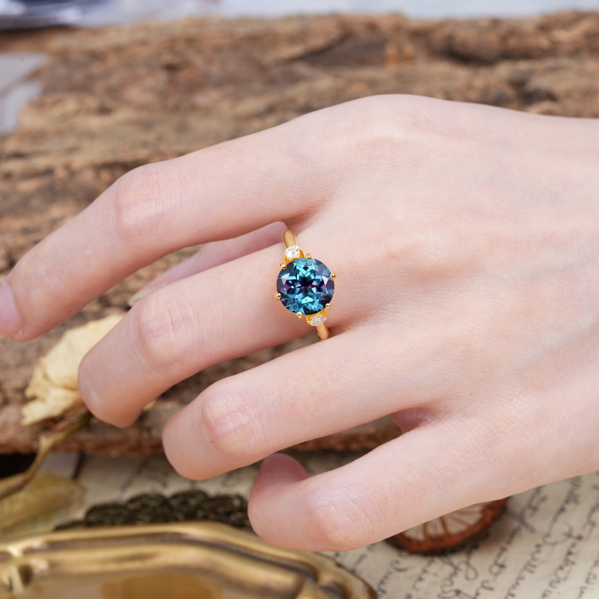 Unique and Minimalist 6-Prong Round Cut Alexandrite Three Stones Engagement Ring - Additional view