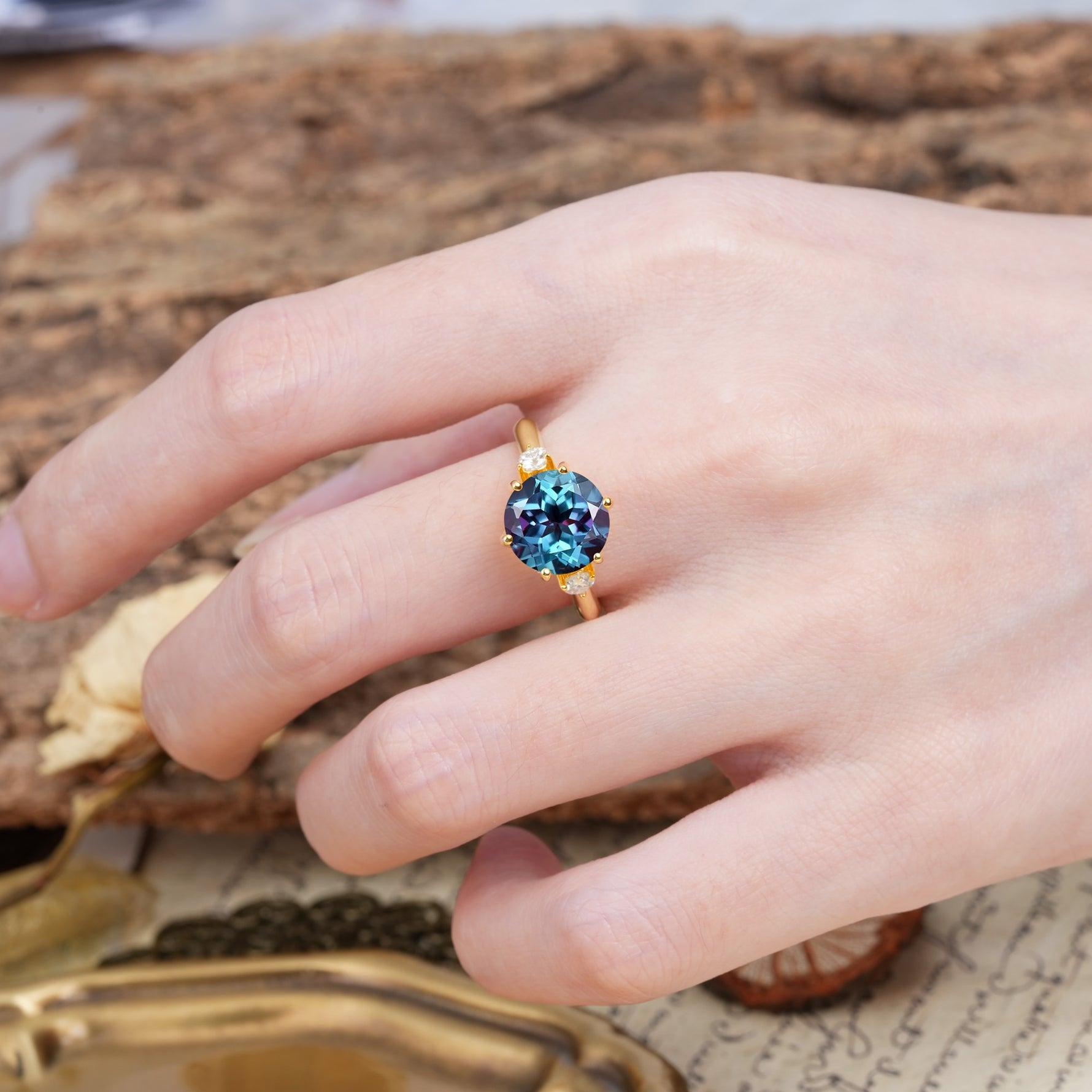 Unique and Minimalist 6-Prong Round Cut Alexandrite Three Stones Engagement Ring - Additional view
