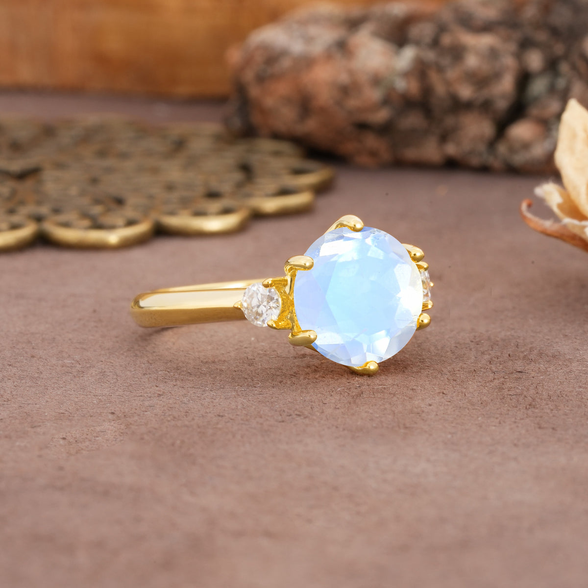 Unique and Minimalist 6-Prong Round Cut Moonstone Three Stones Engagement Ring - Additional view