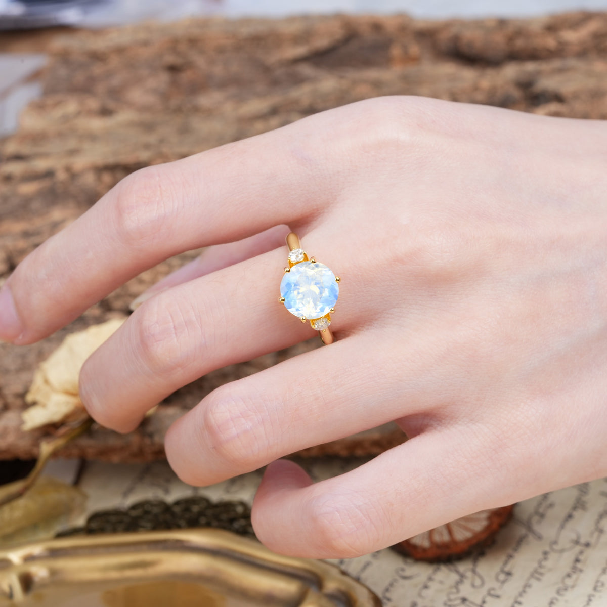 Unique and Minimalist 6-Prong Round Cut Moonstone Three Stones Engagement Ring - Additional view