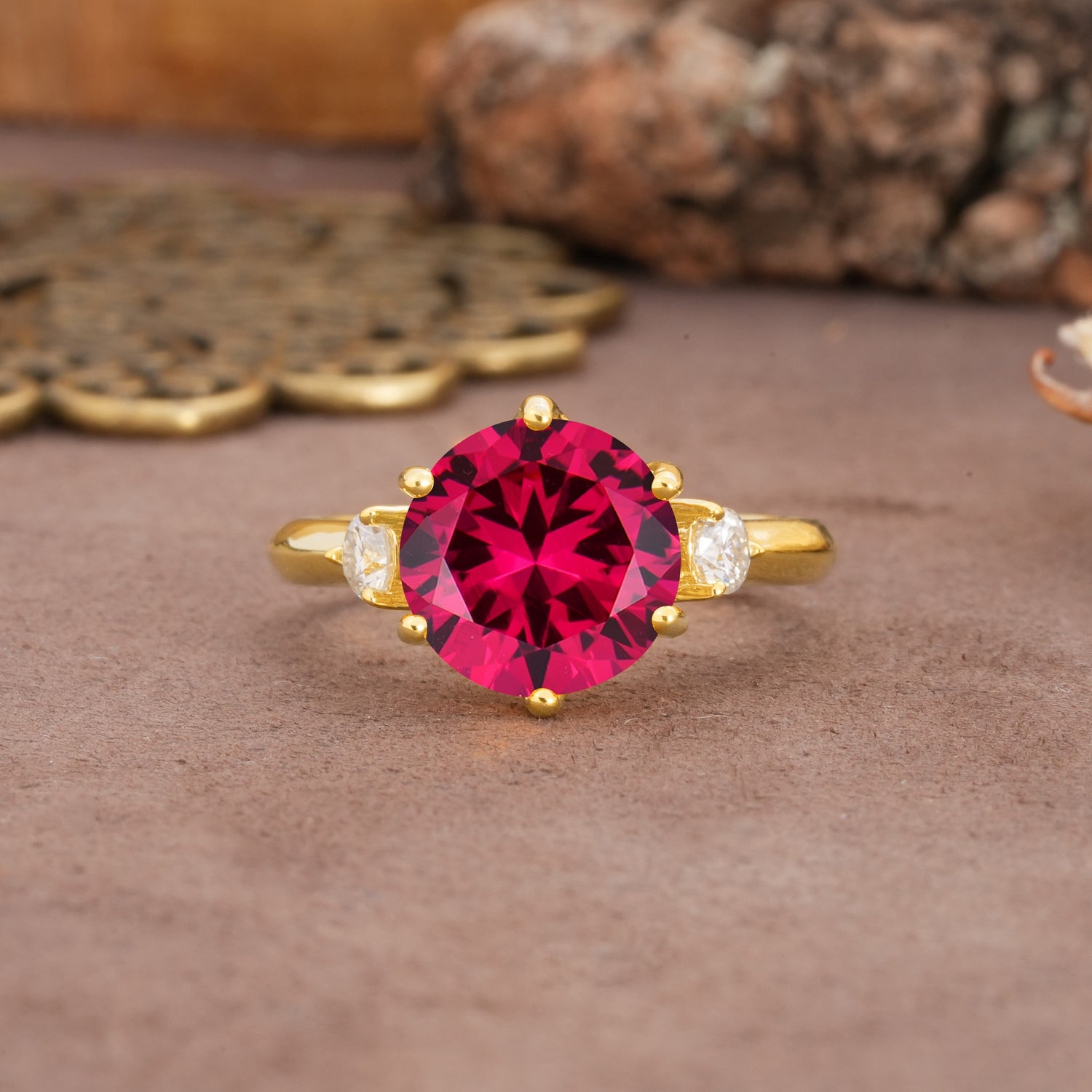 Unique and Minimalist 6-Prong Round Cut Ruby Three Stones Engagement Ring - Additional view