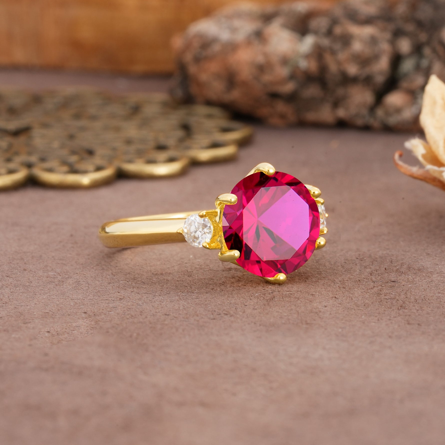 Unique and Minimalist 6-Prong Round Cut Ruby Three Stones Engagement Ring - Additional view