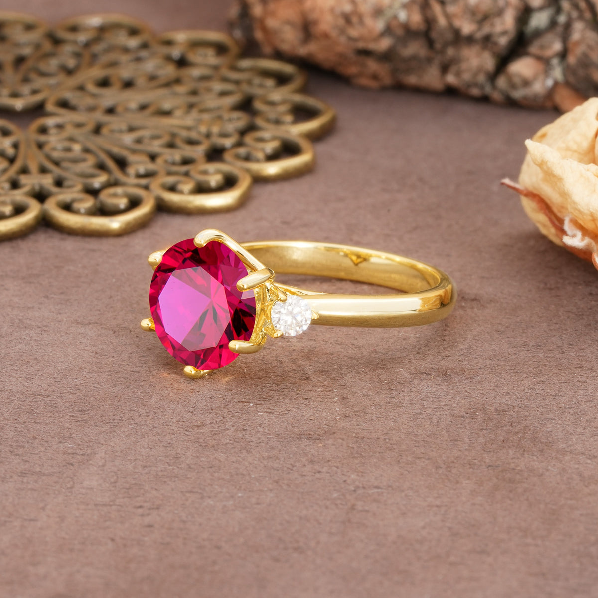 Unique and Minimalist 6-Prong Round Cut Ruby Three Stones Engagement Ring - Additional view